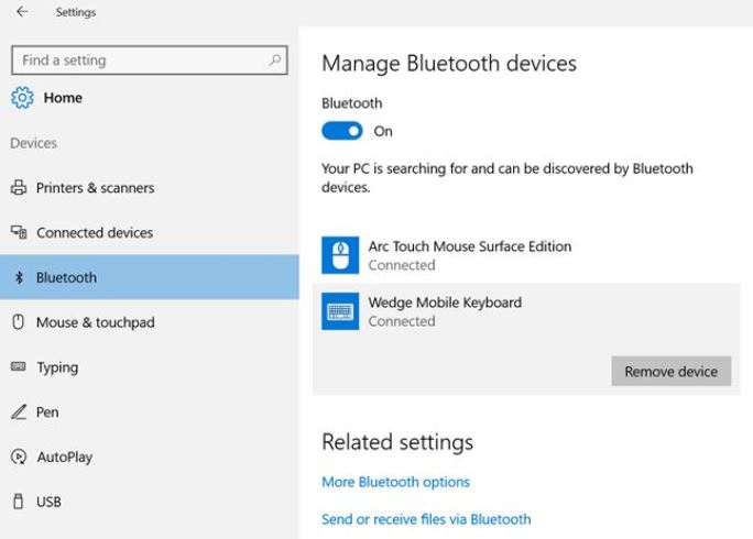 Mở cửa sổ làm việc Manage Bluetooth devices trên Windows 10